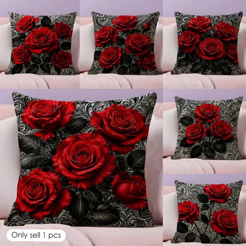 Fodera per cuscino romantica gotica con rose, in lino naturale, stampa fronte-retro, per divano e decorazioni per la casa