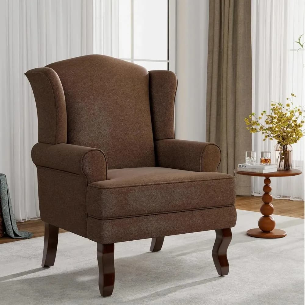 Poltrona con schienale alto, comoda sedia imbottita con gambe in legno massello per soggiorno, personalizzabile e adatta a spazi ridotti