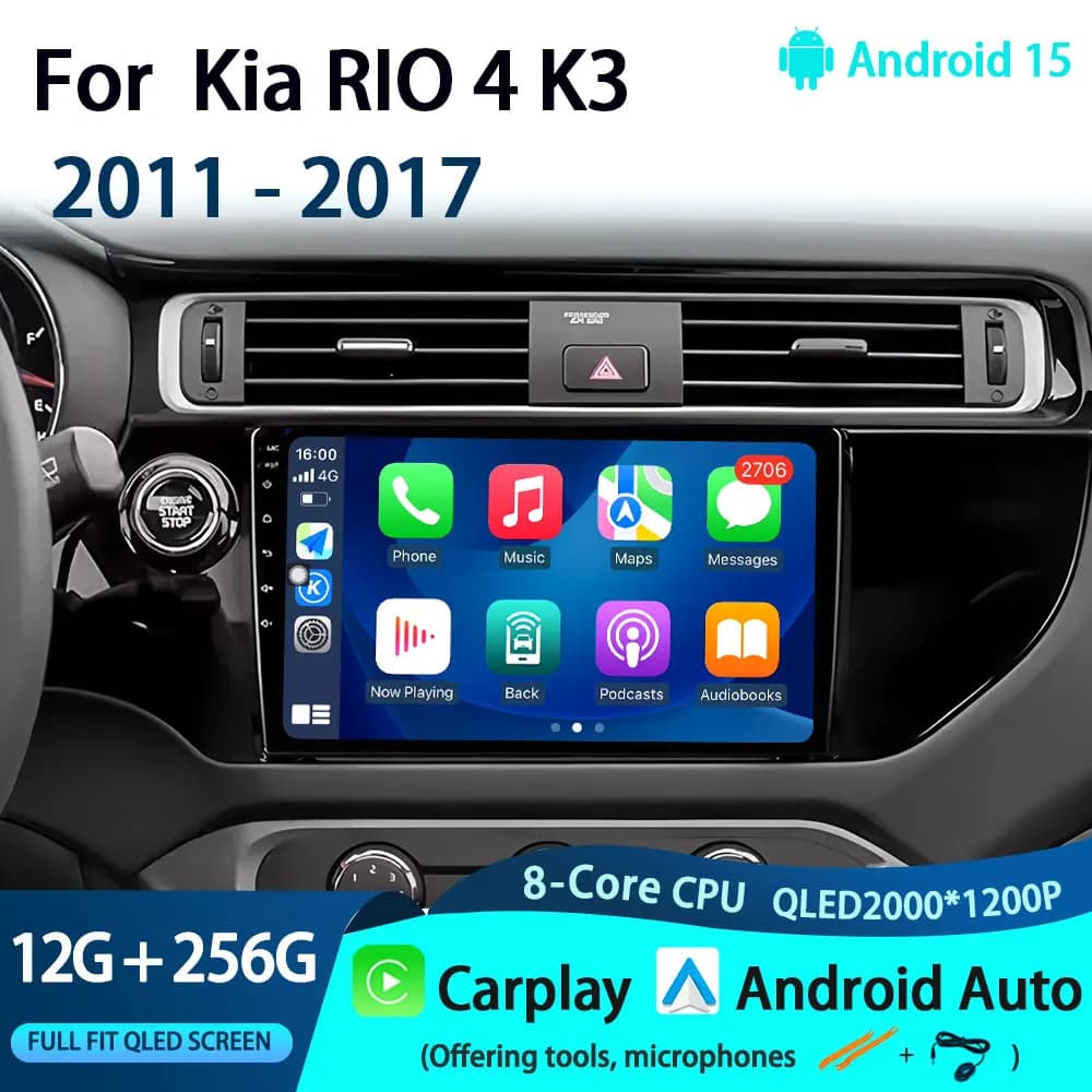 Per Kia RIO 4 K3 2011 - 2017 CarPlay Auto Android 15 2K QLED Autoradio Lettore Video Multimediale GPS stereo Testa 4G
