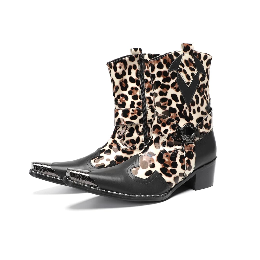 Stivaletti da cowboy da uomo in vera pelle leopardata invernale Stivaletti da moto corti occidentali di grandi dimensioni con punta a punta Scarpe da festa maschili