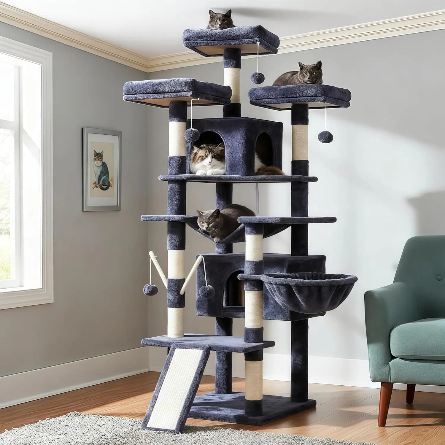 Tiragraffi per Gatti, 180 cm XL Grande Torre per Gatti da Interno, Casa per Gatti Multilivello con 3 Posizioni Imbottite, Grande Tiragraffi, Accogliente
