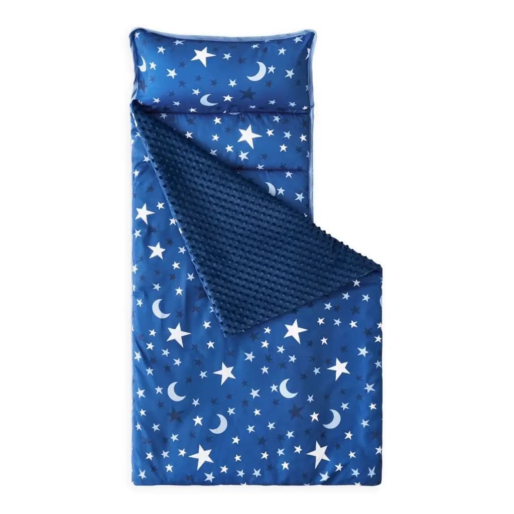 Tappetino per il riposo dei bambini con cuscino e coperta in pile Minky, sacco a pelo arrotolabile, colore blu spaziale, misura standard