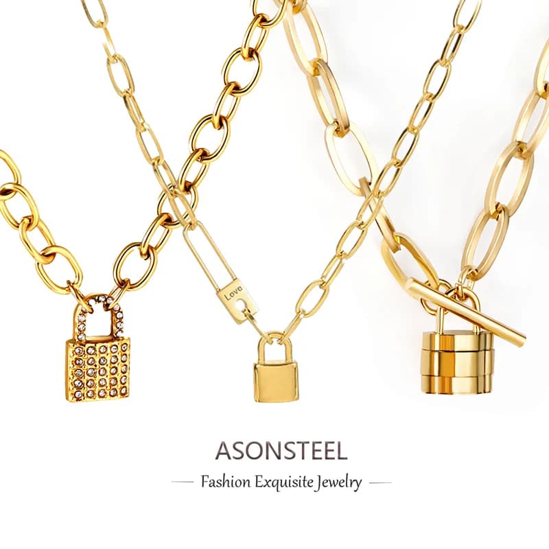 ASONSTEEL Collana con ciondolo a forma di lucchetto d'amore alla moda Collana spessa lucida impermeabile per le donne Gioielli girocollo dorati Stile punk