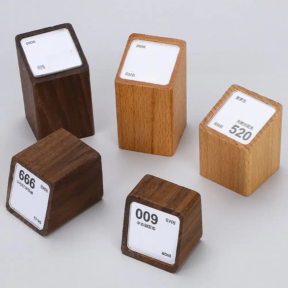 Porta cartellino del prezzo multi-dimensione Base in legno Espositore per finestra in acrilico Porta cartello Porta etichette per prezzi Supporto per etichette in acrilico