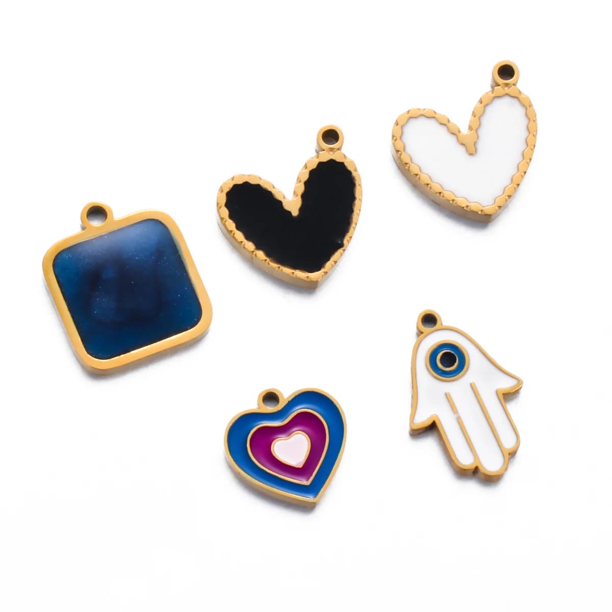 5 pezzi semplici ciondoli in smalto quadrato con cuore di palma a mano in acciaio inossidabile, ciondolo fai da te per forniture di braccialetti per collane fatte a mano