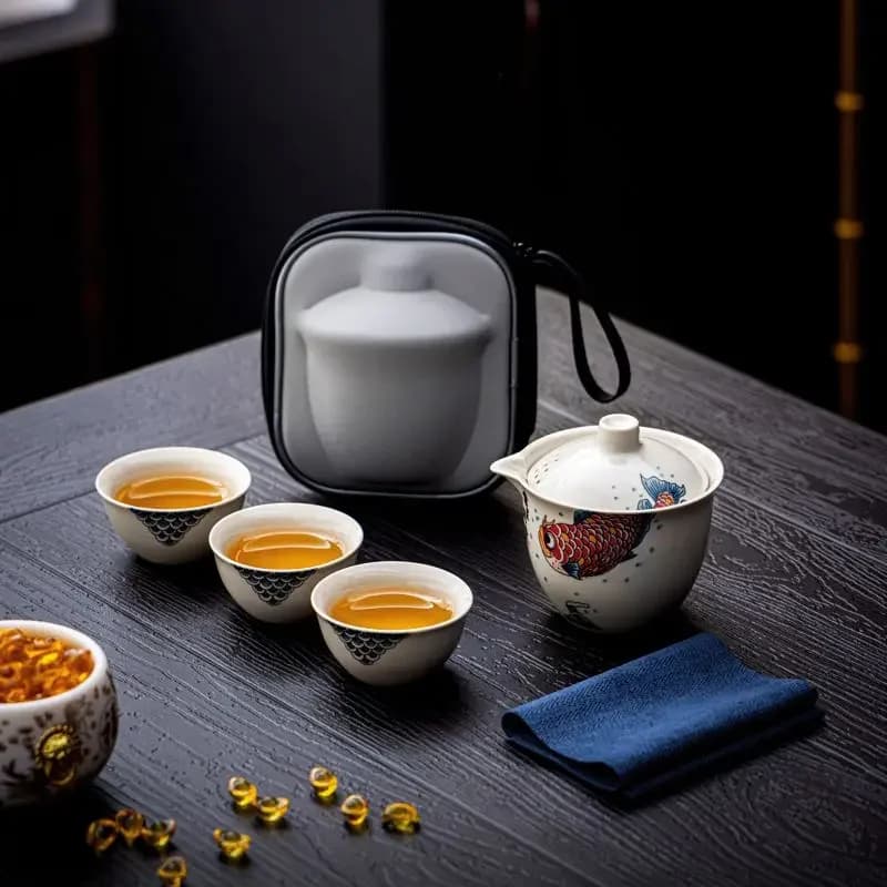 Plant ash ceramic tea set handheld tea pot, travel teaware quick-service cup portable outdoor 1 teapot 3 cups, gongfu teaware