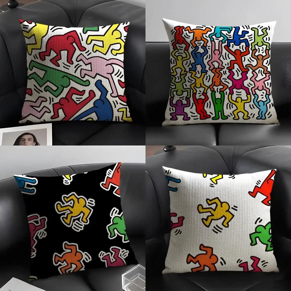 K-KEITH HARING logo cushion cover, in natural linen, organic fabric, front-back printing, decoration for sofa, home, gift, pillowcase