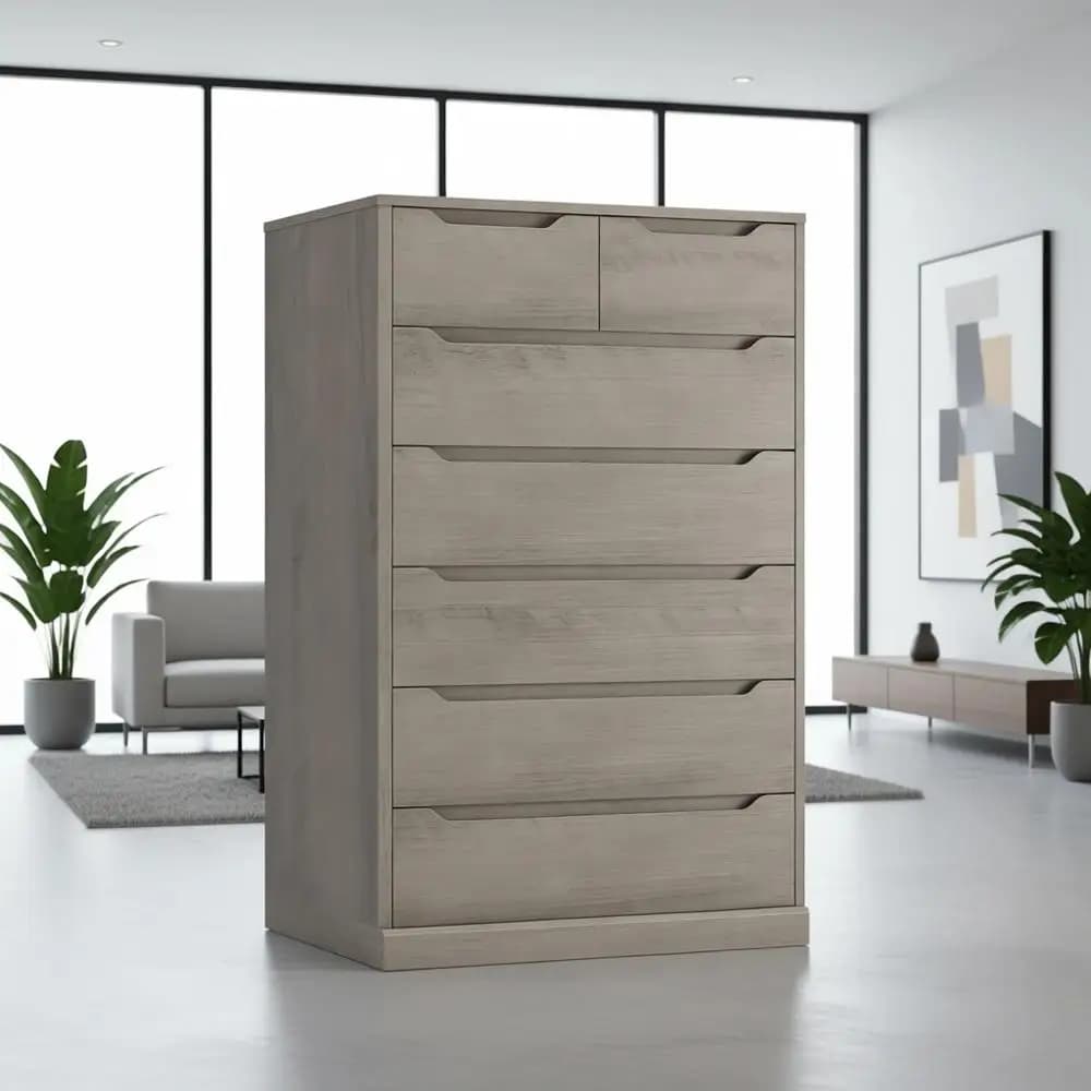 Cassettiera alta 51 pollici con 7 cassetti in legno grigio con maniglie a incasso, cassettiere verticali, armadietti contenitori per soggiorno, in frassino G