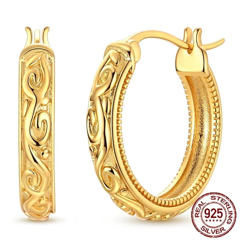 Orecchini a Cerchio Vintage in Argento Sterling 925 con Incisioni, Stile Boho Etnico, Chiusura a Scatto, Gioielli per Uso Quotidiano, Regalo per Donne e Ragazze