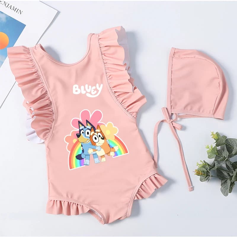 Kids summer swimsuits Cartoon Bluey, full set and bikini with bath hat, children's beach clothing