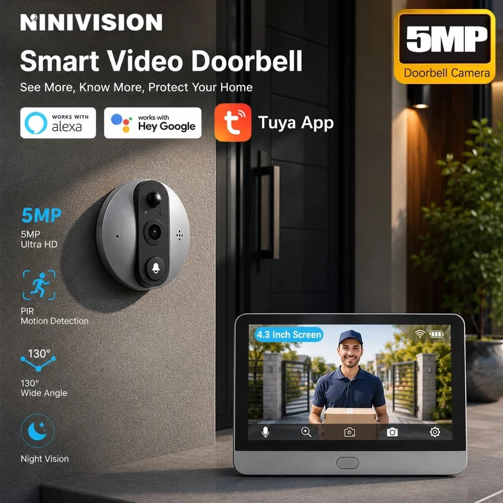 Videocitofono Wireless Smart Life per Sicurezza Domestica, Telecamera Wi-Fi 2.4G 5MP, Campanello con Schermo da 4.3 Pollici