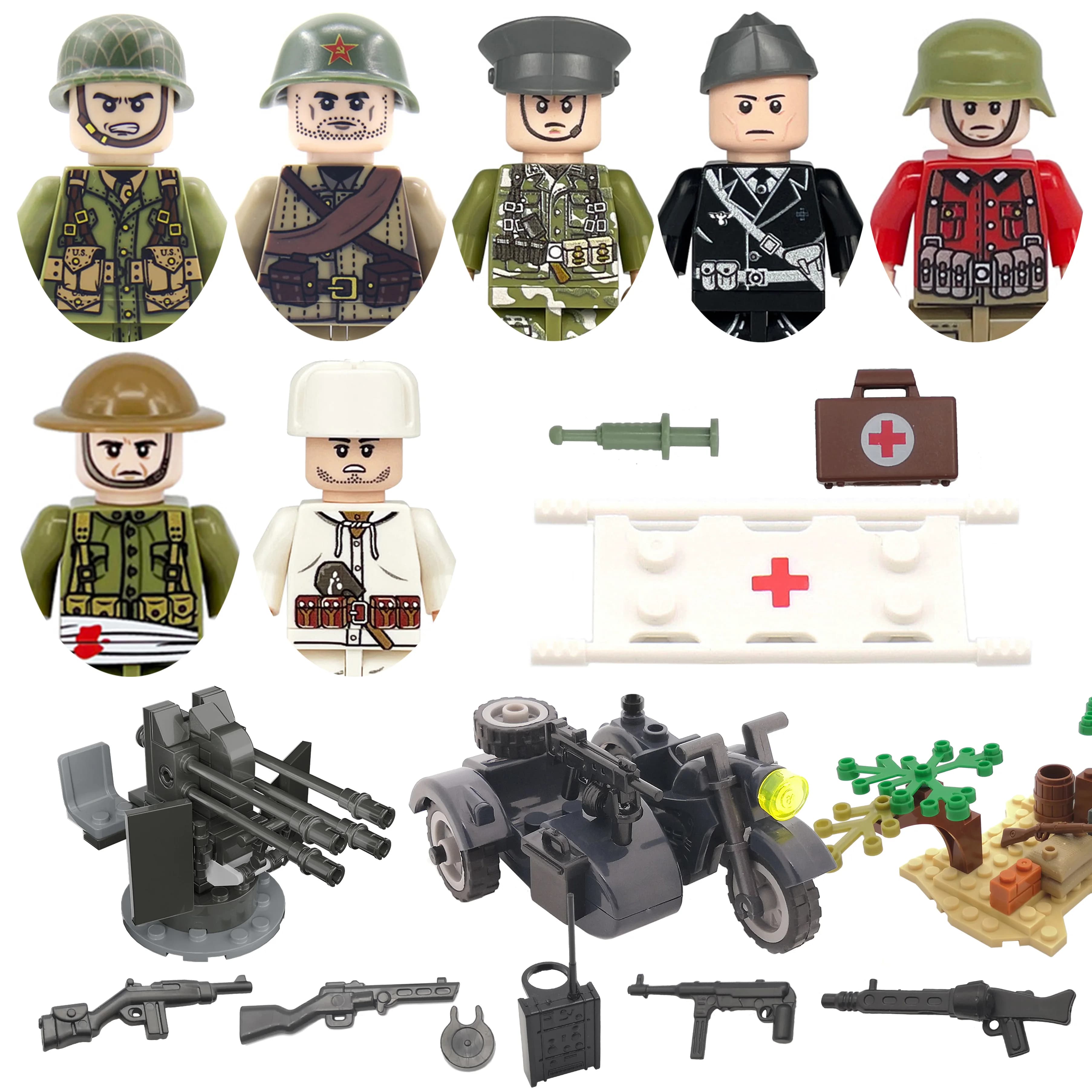 Blocchi da Costruzione Fai-da-Te della Seconda Guerra Mondiale, Soldati del Corpo Medico, Moto, Esercito Sovietico e Americano, Armi, Giocattolo Regalo per Bambini
