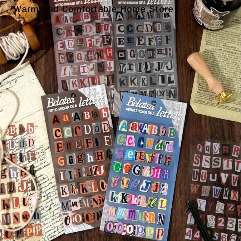 【W】2 Sheets Vintage Scrapbook Aesthetic Journaling Supplies Kit English Alphabet Number Symbol Stickers Retro Letter Decals