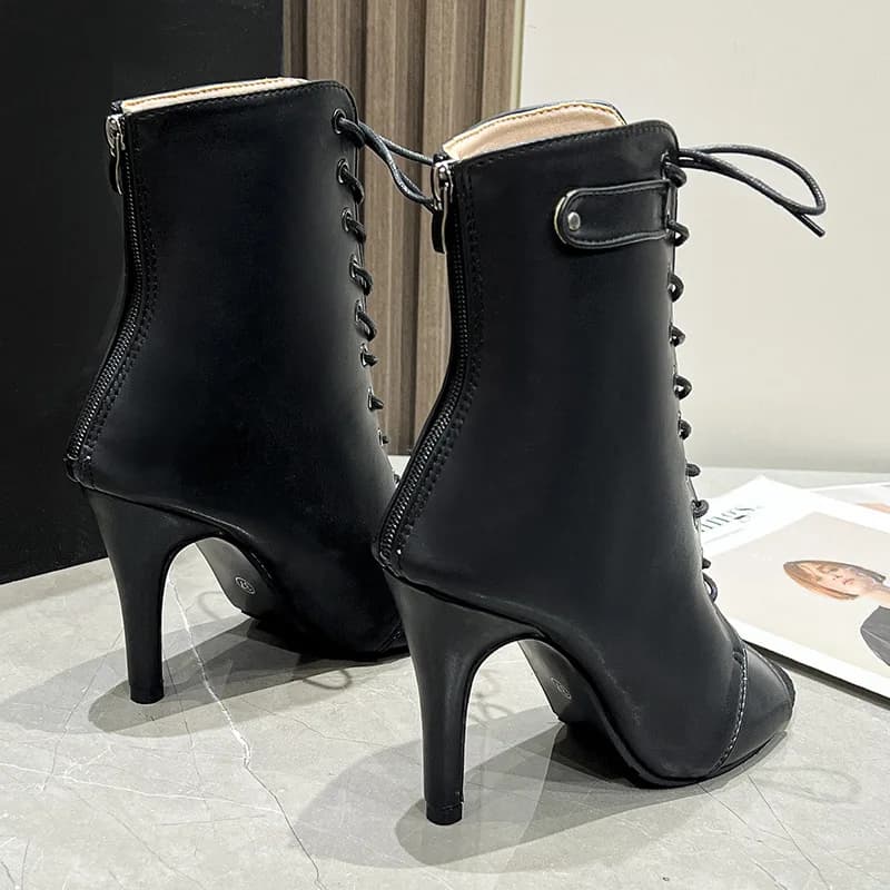 Women's New Baotou Sandals Black long fashionable high boots Women Lace up open toe leather boots Sexy slim high heels Zapatos