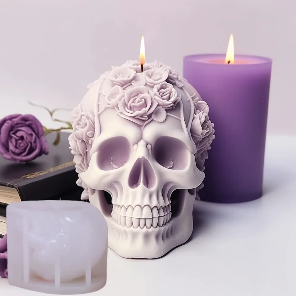 3D Floral Skull Silicone Mold, Realistic Rose Skeleton Candle Mould, Soft Flexible Craft Tool for Halloween Resin Plaster Decor Styling