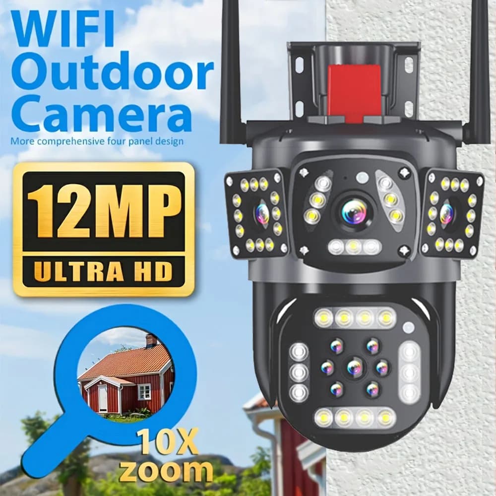Telecamera di sorveglianza WiFi 6K 12MP Telecamera di sorveglianza esterna a tre obiettivi Protezione a tre schermi Rilevazione movimento Telecamera di sorveglianza di sicurezza IP PTZ
