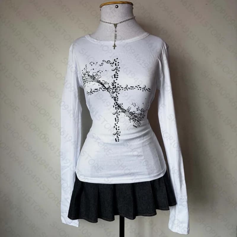 Top a maniche lunghe estetico dolce e sexy stile Y2k per T-shirt stampata punk gotico casual da donna Harajuku Grunge vestiti Emo