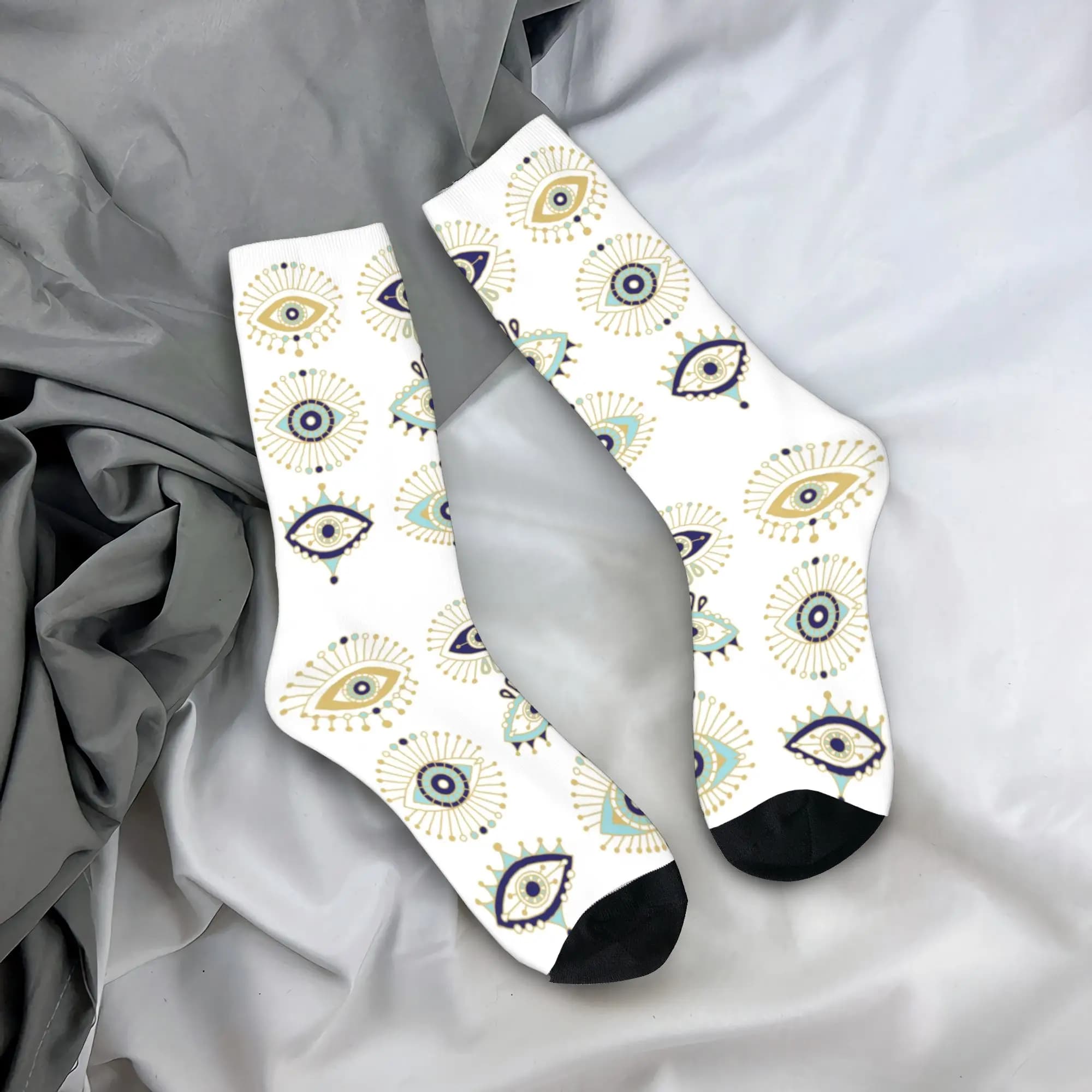 Calzini Bianchi con Stampa Occhio Turco, Elastici per Estate Autunno Inverno, Amuleto Nazar, Hamsa, Stile Boho Bohemien