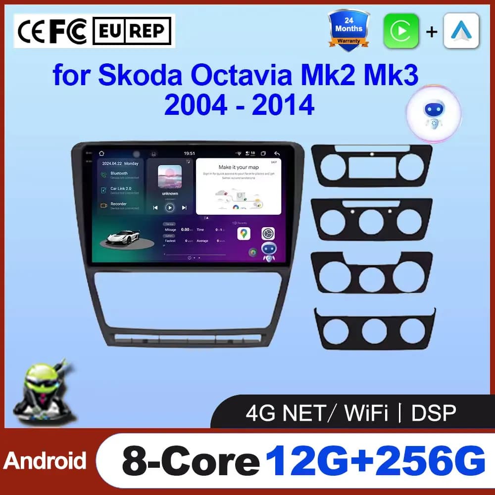 Android 16 Auto per Skoda Octavia Mk2 Mk3 2004 - 2014 Radio GPS Wireless CarPlay 4G + WiFi Auto Stereo DSP Bluetooth BT DSP SWC