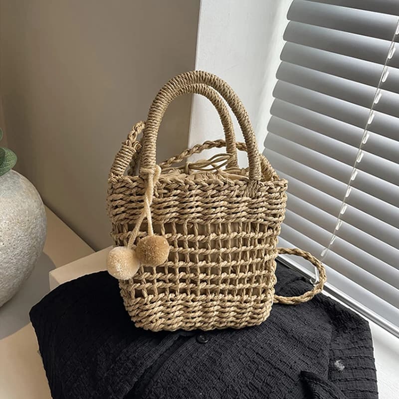 Borsa a tracolla in paglia intrecciata con cesto portaoggetti in rattan, borsa a mano piccola in paglia intrecciata, borsa a spalla da spiaggia
