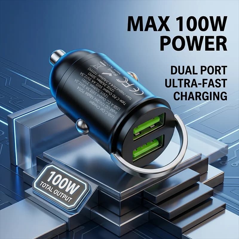 Flush Fit Mini Car Charger 100W Dual Port Fast Charging Auto USB C Adapter with Pull Ring For iPhone 17 16 For Samsung For iPad