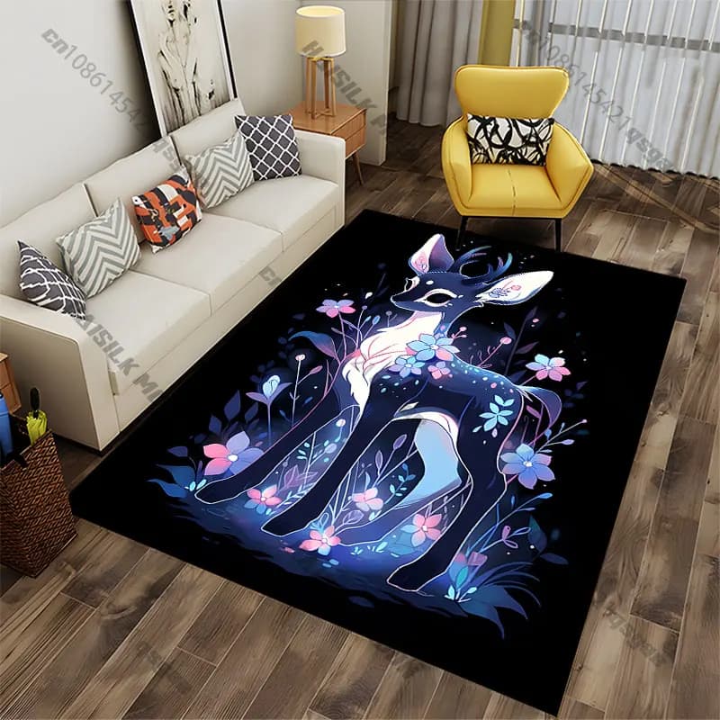 Incantevole cervo circondato da un tappeto di fiori, tappeto da yoga, decorazione per soggiorno, tappetino per bambini, tappetino per gattonare, tappeto per area gioco.