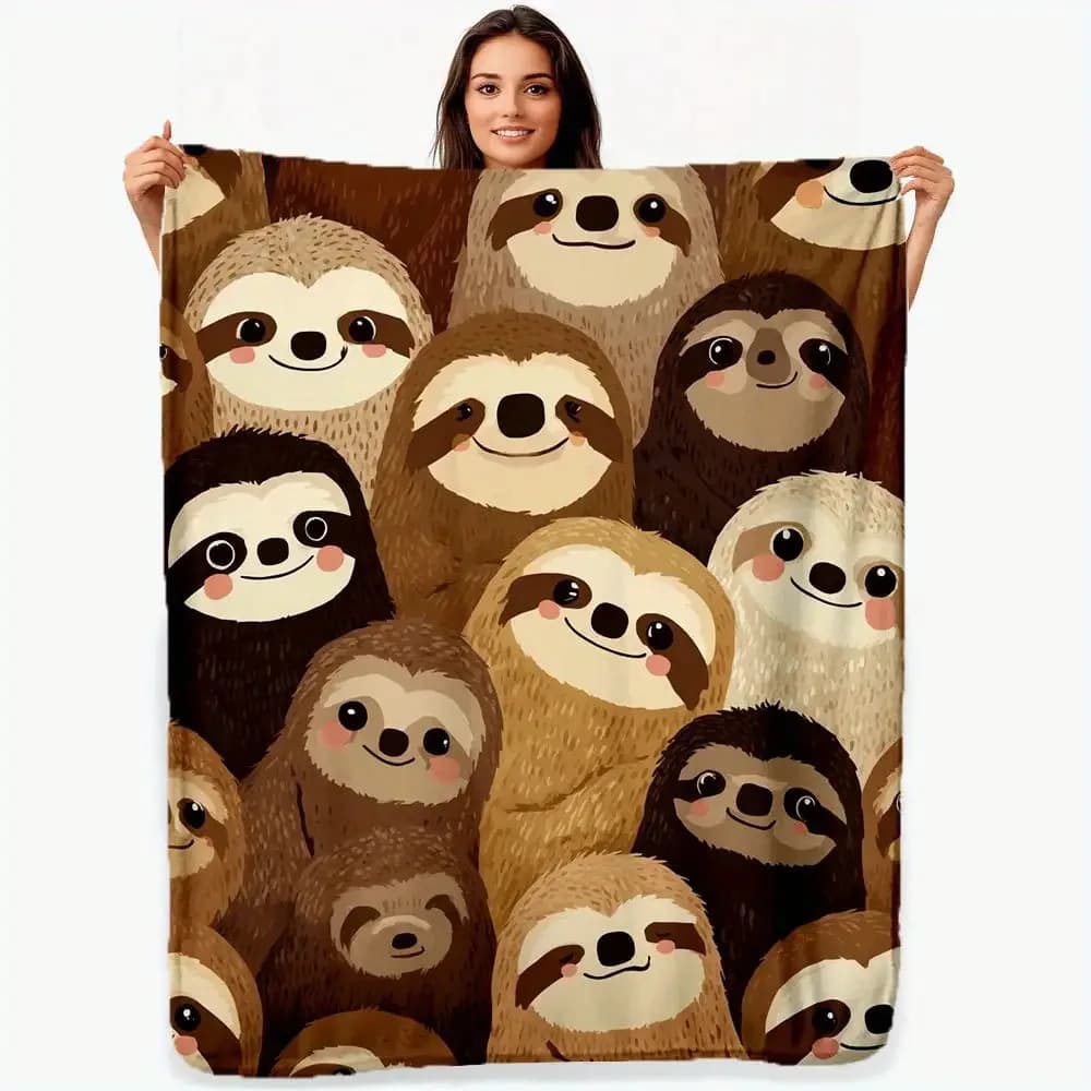 Coperta in peluche di bradipo Morbido copriletto accogliente per tutte le stagioni con stampa di bradipo con viso di bradipo Toni marrone/beige Biancheria da letto o divano con pezza carina
