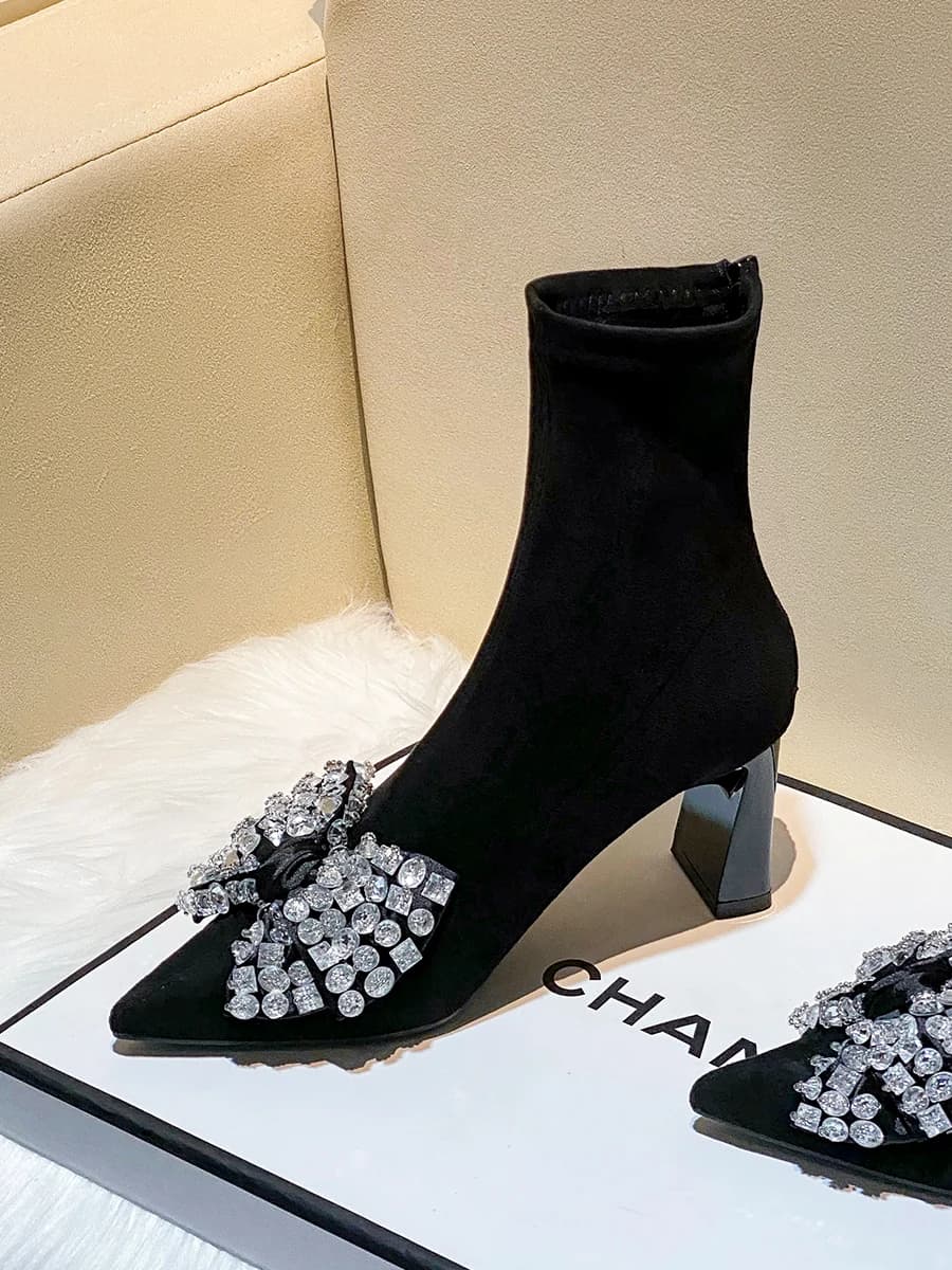 Women's Toe Boots, New Autumn Spring Models, with High Heel and Node, Black Single Boots with Heel Thick and Elastic