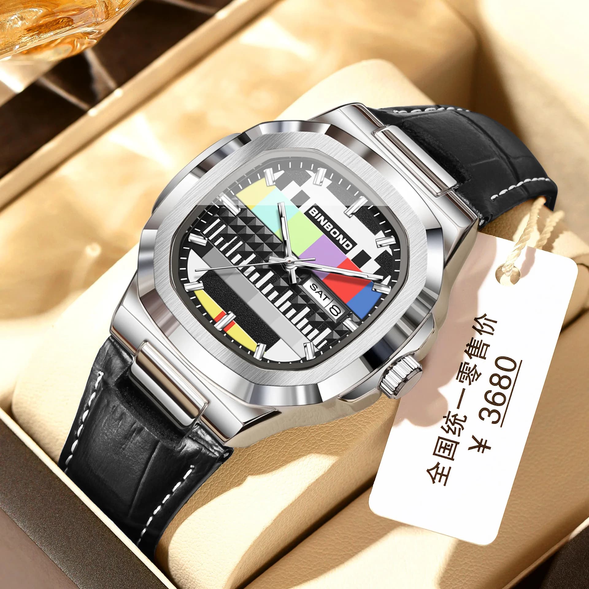 BINBOND Genuine Square Watch for Men Leather Nostalgic TV Design high-end Wormhole Concept Male Fashion Quartz Clock Watches