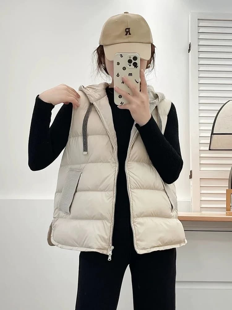 Gilet imbottito con cappuccio impiombato in maglia autunno inverno Gilet trapuntato casual con doppia cerniera femminile in piuma d'anatra bianca