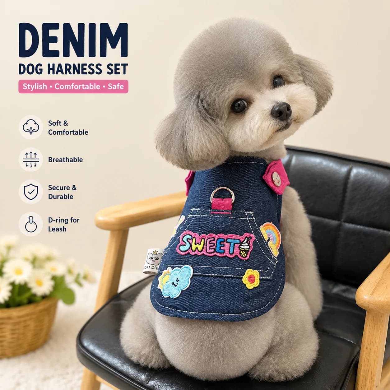 Cute Denim Dog Harness and Leash Set, Fashion Jean Style Pet Vest Harness for Small Dogs, Walking Outdoor Accessories