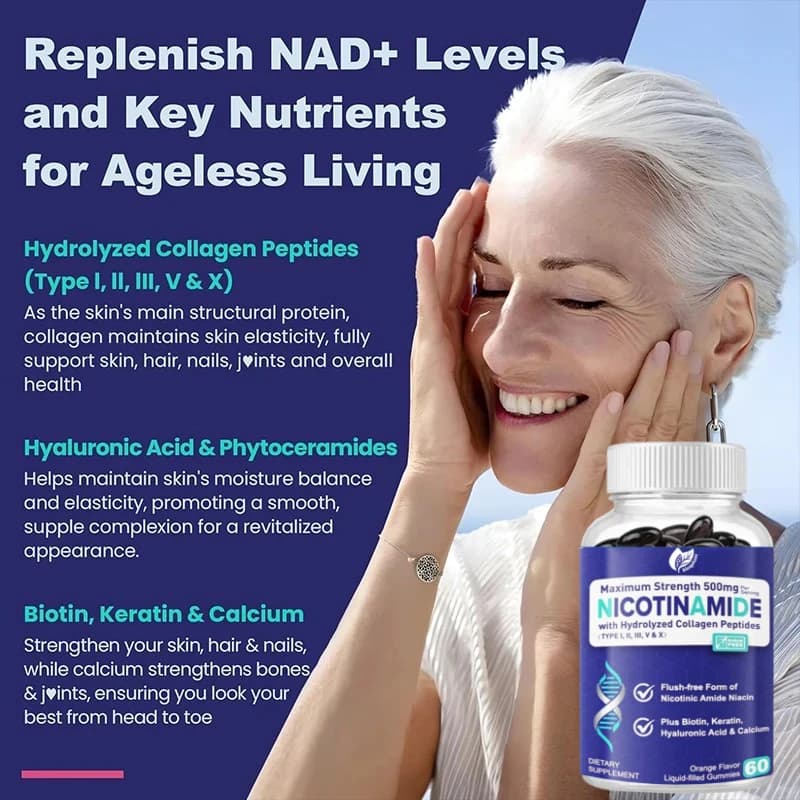 Niacinamide 500mg Gummies Integratore con peptidi al collagene Vitamina B3 per la salute della pelle e supporto del metabolismo cellulare