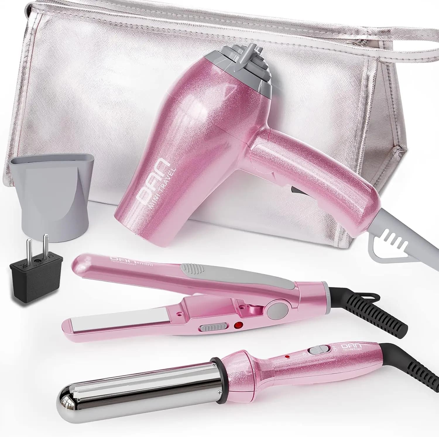 Set Asciugacapelli da Viaggio con Mini Piastra e Ferro Arricciacapelli, Doppio Voltaggio, Rosa