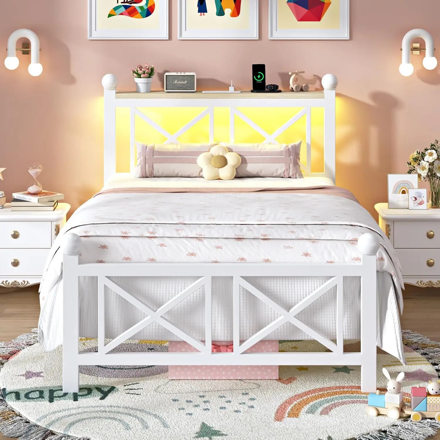 Letto Singolo in Metallo con Luci LED, Stazione di Ricarica, Testiera in Legno, Ripiano Portaoggetti, Senza Box Spring, Personalizzabile