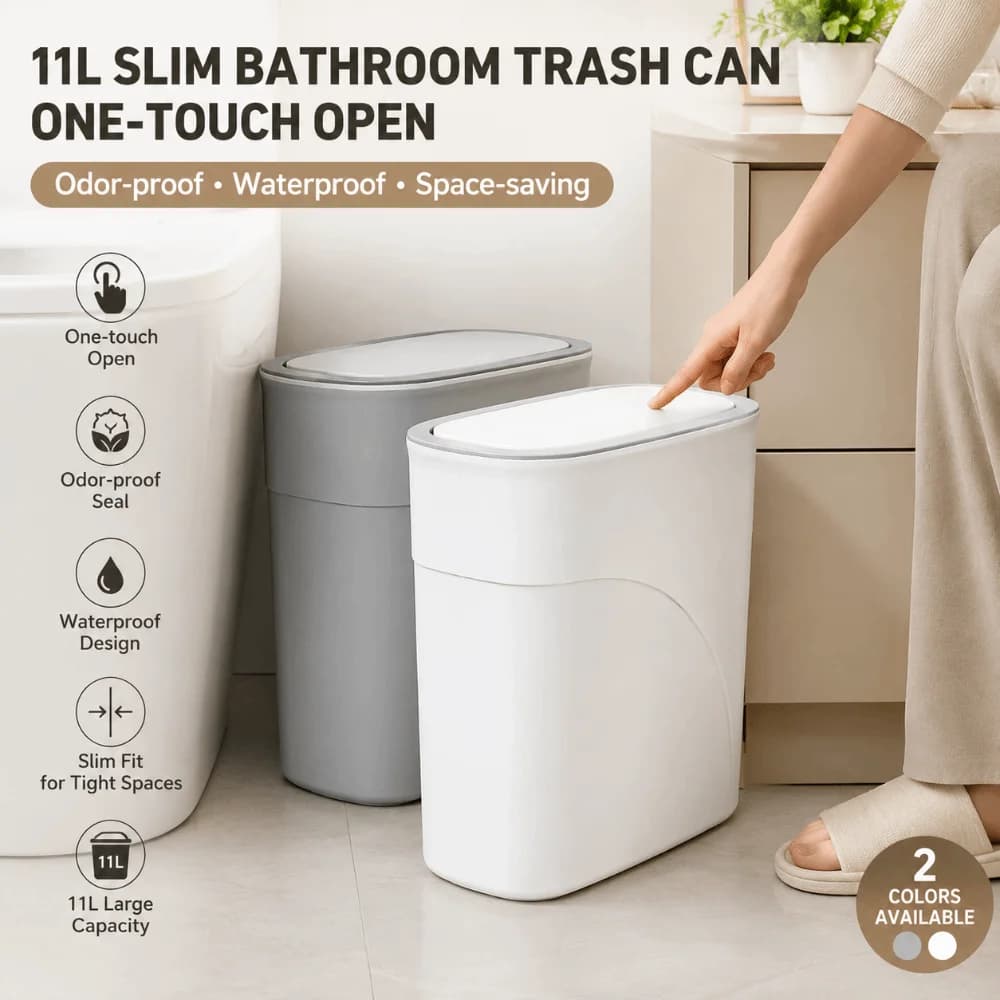 Slim Narrow Gap 11L Bathroom Trash Can Odor-Free with Lid Waterproof Garbage Bin One-Touch Pop-Up Seamless Living Room Dustbin