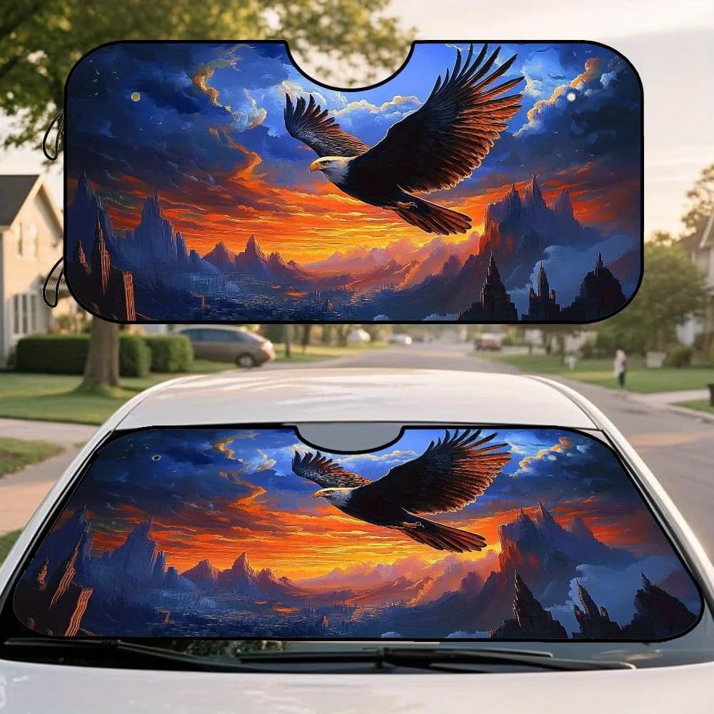 1pc Eagle Fantasy Cityscape Windshield Sun Shade - Vibrant Sunset & Mountain Design, Cooling Car Interior Accessory For Commutes