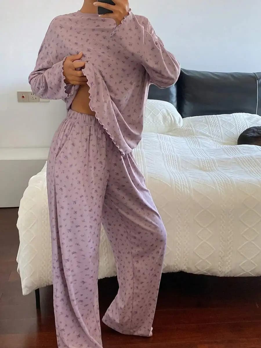 Set Pigiama da Donna 2 Pezzi con Motivo Floreale, Maniche Lunghe, Comodo Abbigliamento da Notte per Autunno e Inverno