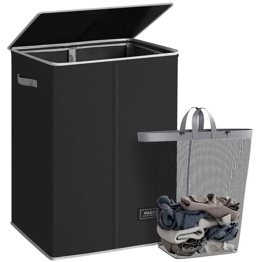 Laundry basket with lid 130L, large and high, folding, with removable bag, easy to carry, for dirty linen