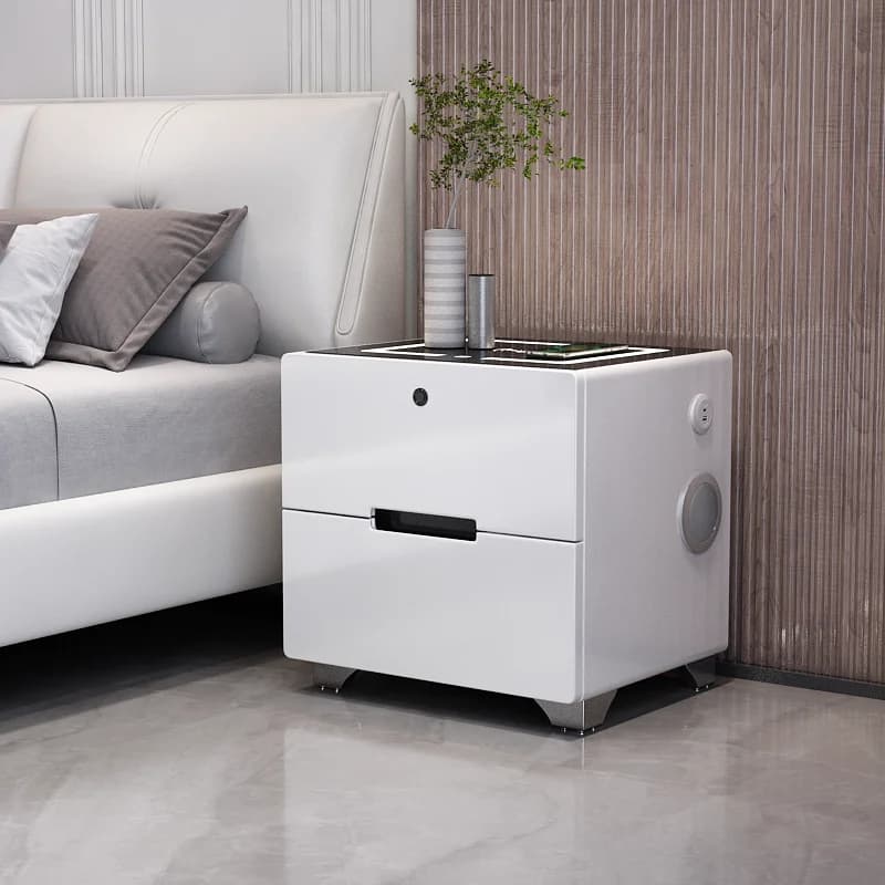 Comodino per camera da letto intelligente con blocco delle impronte digitali a luce LED Ricarica wireless e altoparlante Bluetooth Comodino multifunzionale