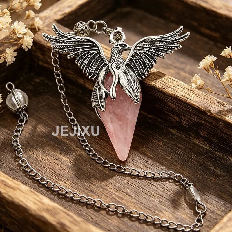 Pendolo in Cristallo a Forma di Fenice Color Argento Antico per Divinazione, Ciondolo in Pietra Naturale Quarzo Rosa, Pendolo con Ali d'Angelo X403