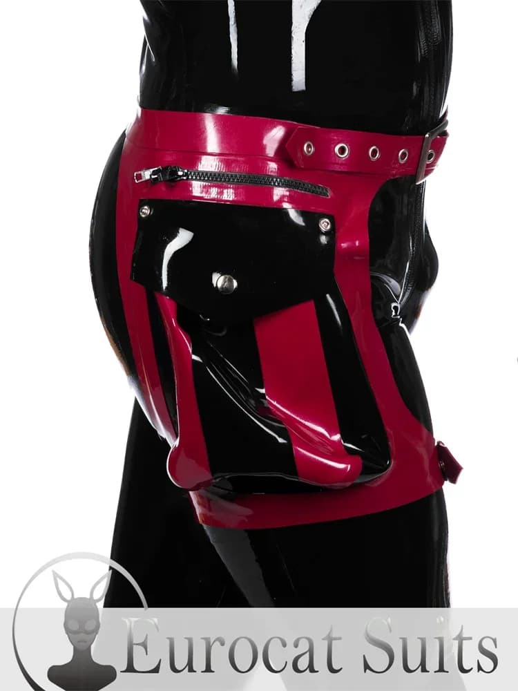 lattice fetish personalizzato Nero Catsuit gonfiabile sexy in gomma Borsa per coscia 2 tasche separate e cinghie regolabili con occhielli