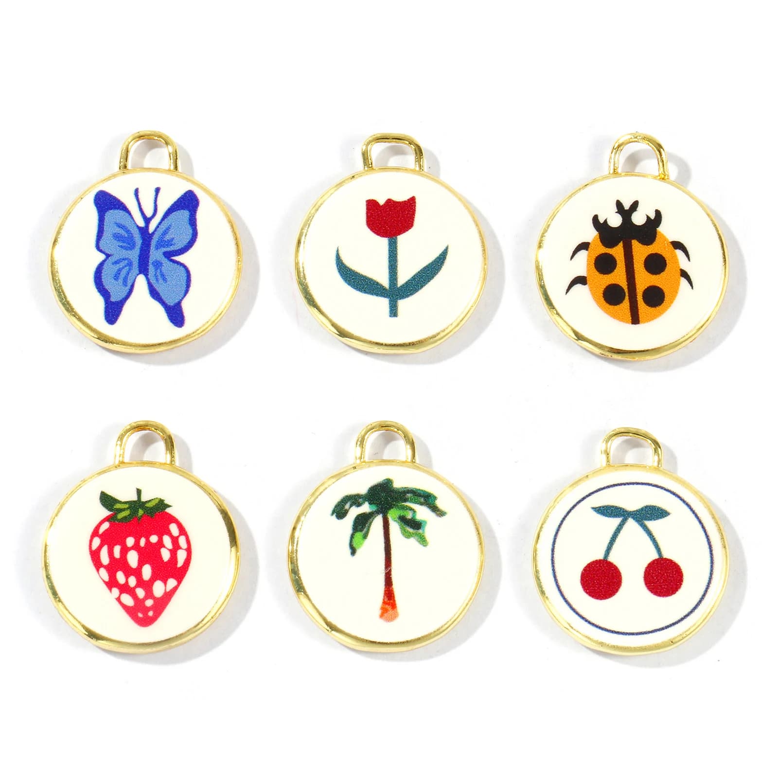 2pcs Brass Charms 18K Gold Plated Round Butterfly Flower Cherry Disc Printed Pendants DIY Necklace Earring Jewelry 20mm x 17mm