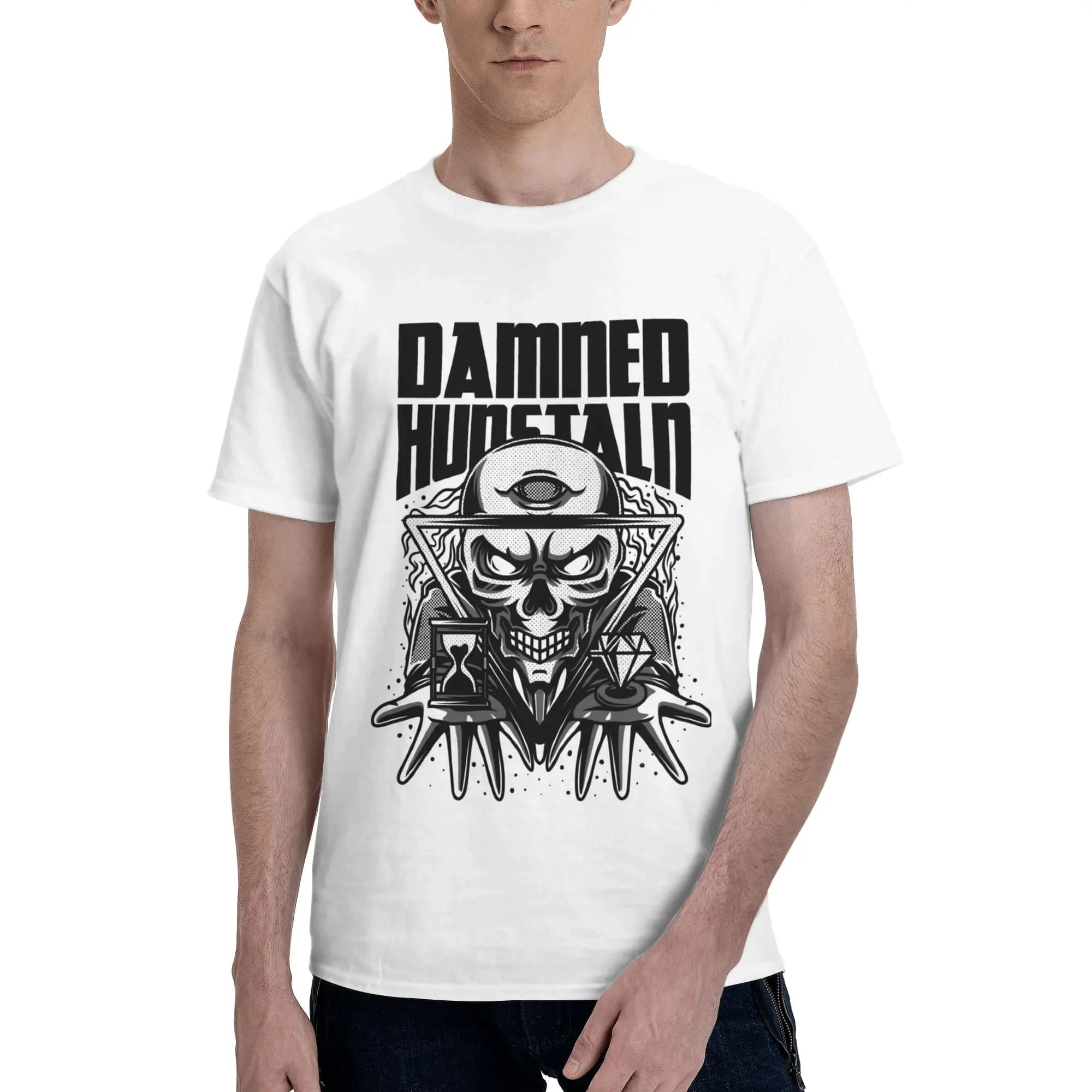 T-shirt da uomo con stampa Damned Hustle Skull Emblem, abbigliamento, magliette a maniche corte in cotone