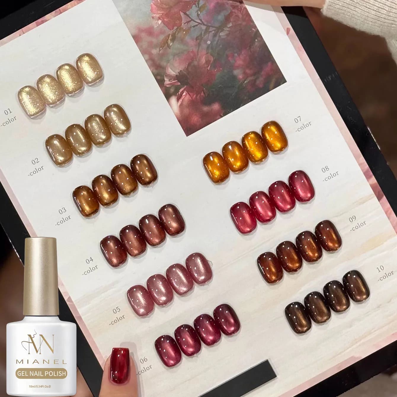 MN 10ML 2026 Nuovo Smalto Gel Effetto Occhio di Gatto Rosa Tramonto, Oro Rosa Marrone con Effetto Perline di Vetro, Nail Art Magnetico Effetto Occhio di Gatto