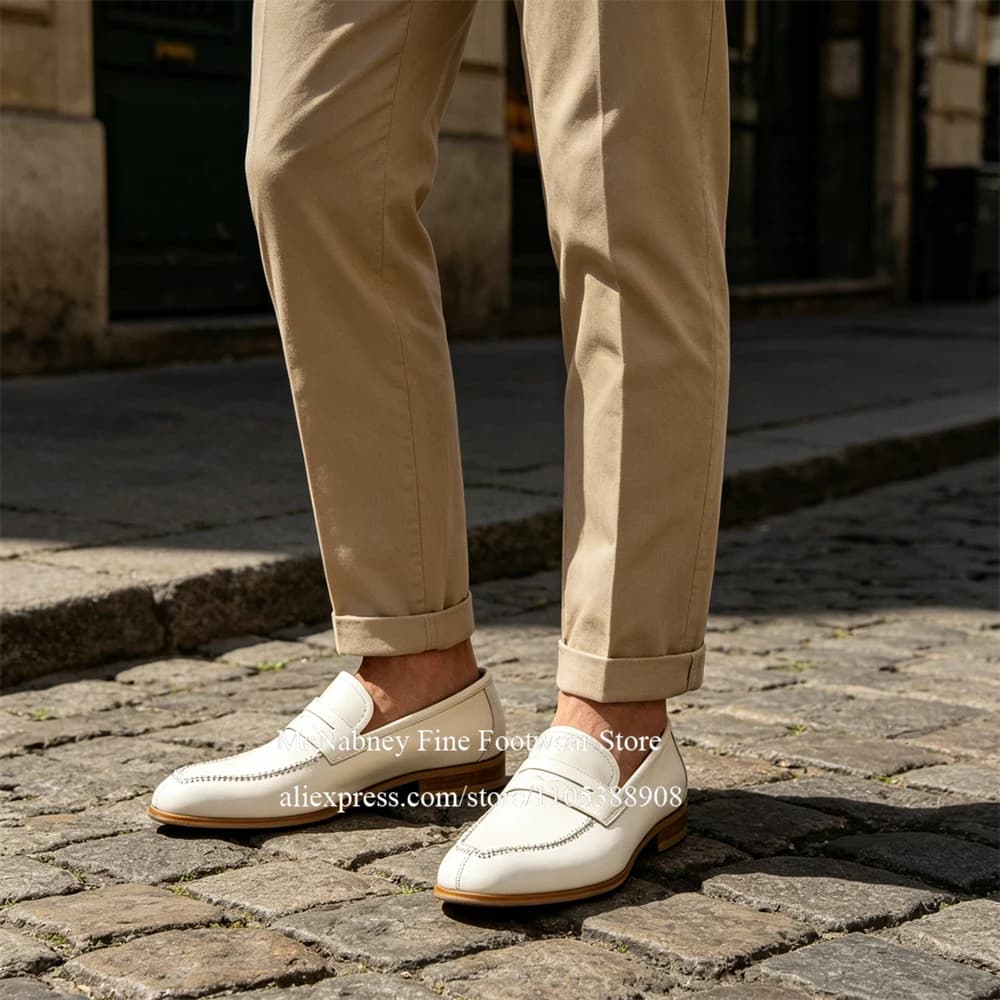 White Genuine Leather Penny Loafers Handmade Slip on Pointed Toe Men Formal Dress Shoes Wedding Party Business Casual Plus Size
