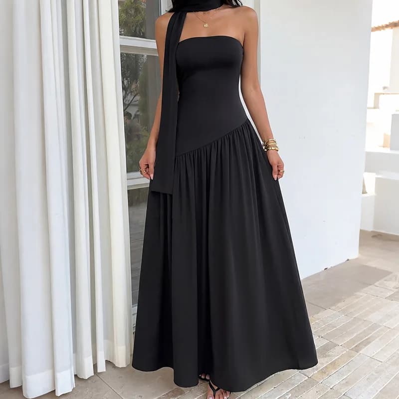 Women Black Off Shouder Guest Wedding Maxi Dress with Neck Scarf Elegant Asymmetric Patchwork Corset Party Evening Dress 2026