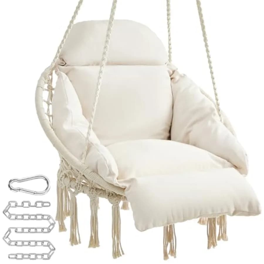 Hanging Chair, Hammock Chair with Large Thick Cushion, Boho Swing Chair for Bedroom Patio Balcony Garden, Holds up to 264 lb, A