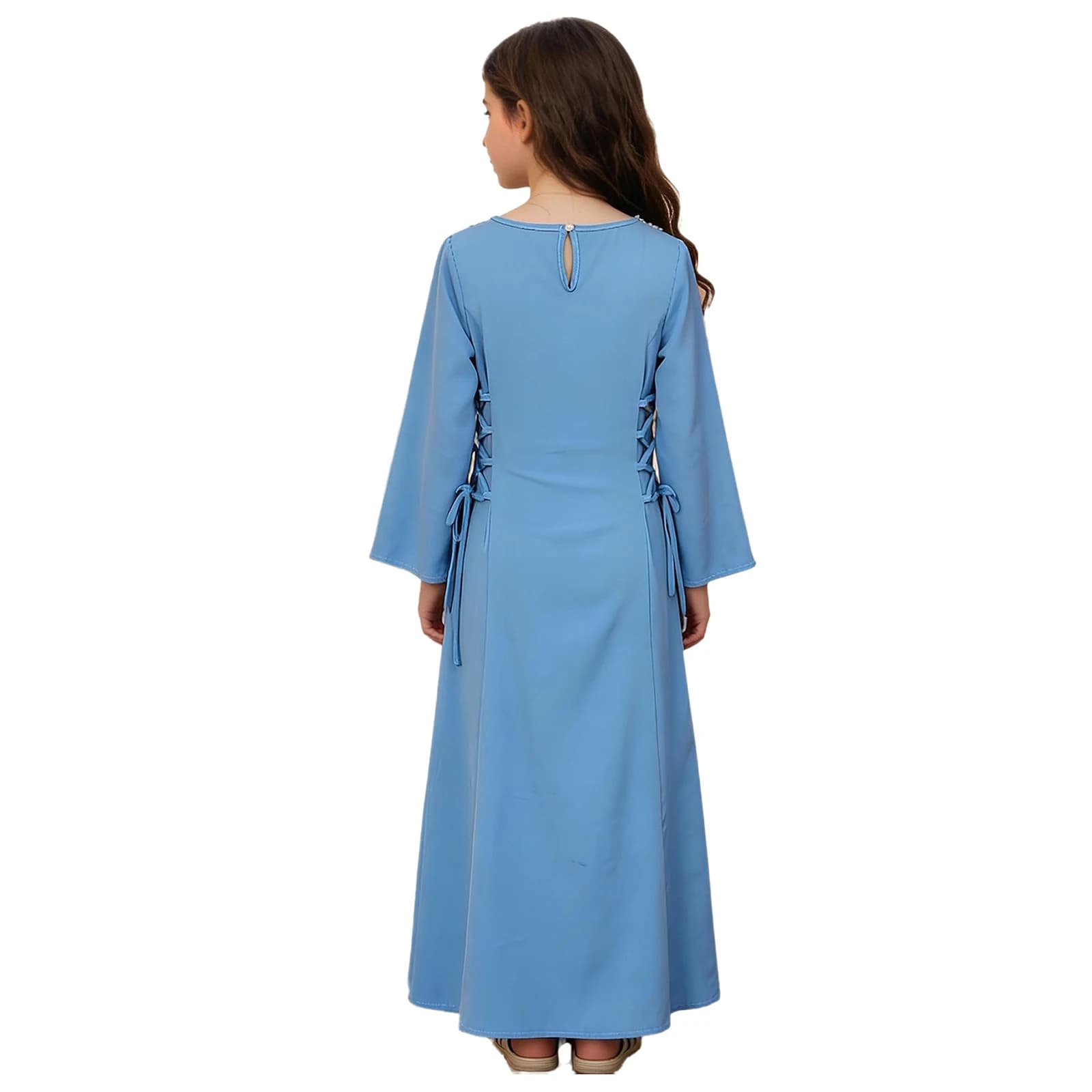 Abito Abaya per Bambine, Vestito Islamico da Preghiera con Ricami Floreali, Maniche Lunghe e Lacci Laterali, Abito da Preghiera Islamico per Ramadan e Feste
