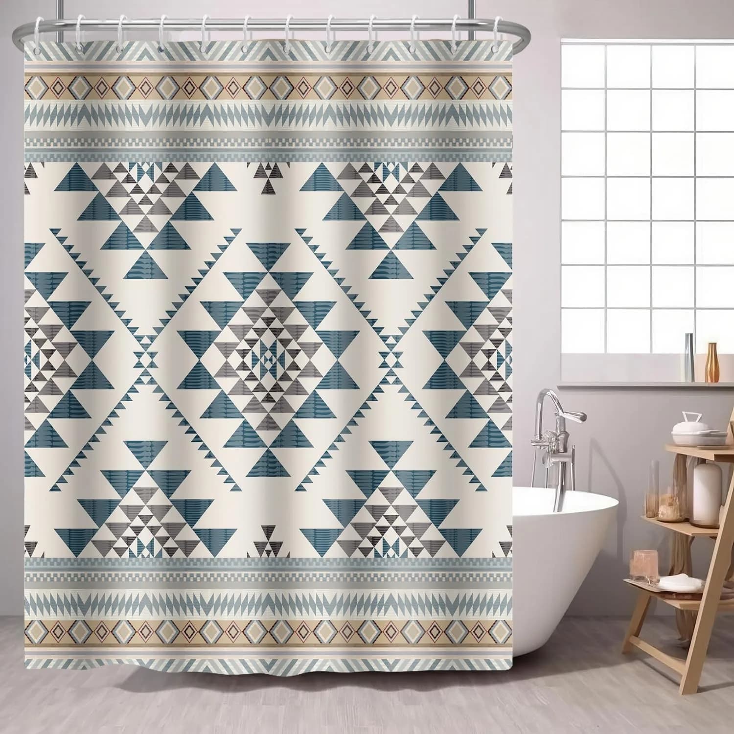 Tenda da Doccia Azteca Occidentale, Motivo Etnico Tribale Geometrico del Sud-Ovest, Impermeabile in Poliestere con Ganci per Arredo Bagno