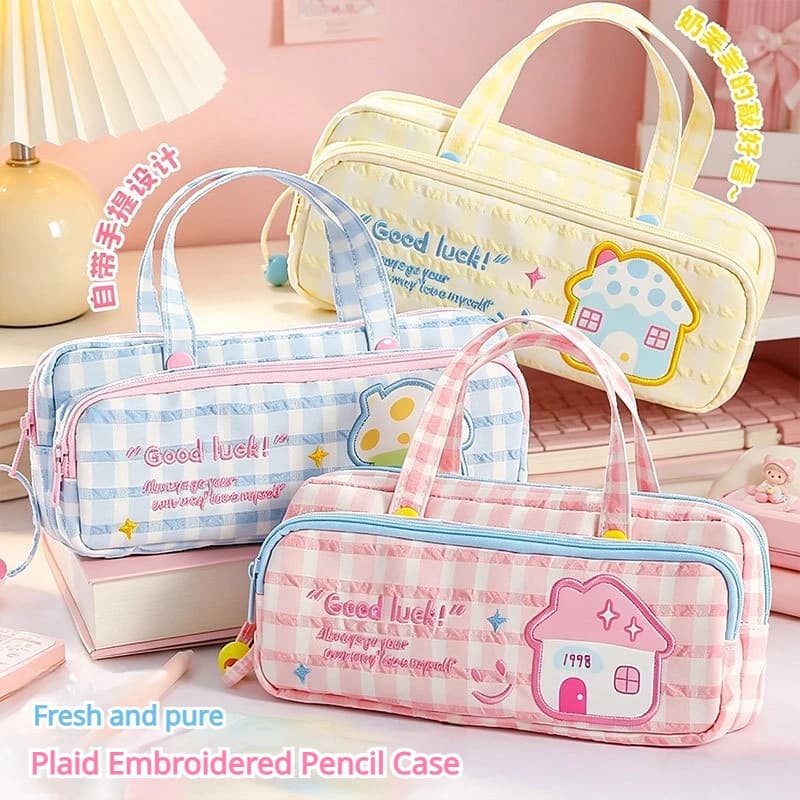 Cute Double Layer Lucky Embroidery Pencil Case Large Capacity Portable Portable Ins Style Dopamine Pencil Cases Cute Pencil Case